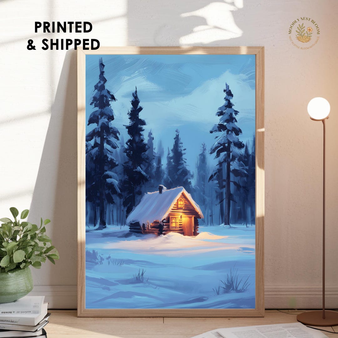 Winter Cabin in Snow Print, Rustic Lodge Wall Art - Etsy