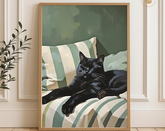 Emerald Green Cat Print: Vintage Black Cat on Sofa Wall Art