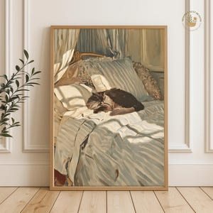 Black Cat on Striped Bed Print: Vintage Bedroom Wall Art