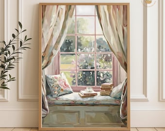 Könnte beinhalten: Gerahmter Kunstdruck mit einer gemütlichen Fensterszene. Sanfte Pastellfarben schaffen eine ruhige Atmosphäre. Eine Fensterbank mit floralem Kissen und Büchern wird von transparenten Vorhängen umrahmt. Eine Tasse und Untertasse stehen auf den Büchern, was auf Entspannung hindeutet.