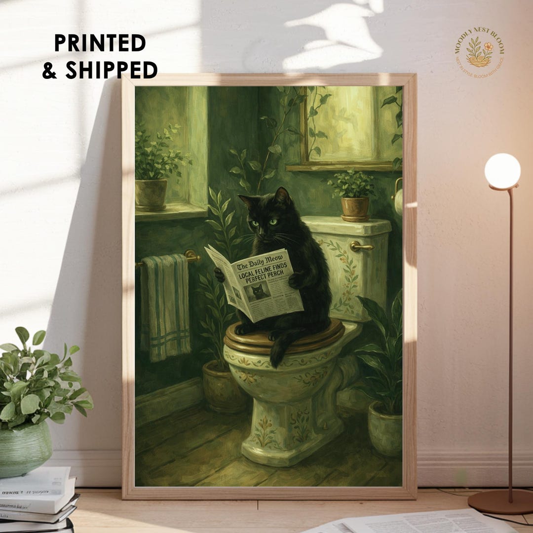 Black Cat Reading Newspaper on Toilet Print Vintage Bathroom Wall Art ...