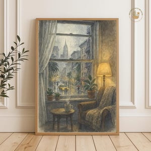 NYC Rainy Window View Print, Cozy Gloomy Day Wall Art, Watercolor Poster for Autumn Mood, Art for Fall Home Decor, Art Print Poster