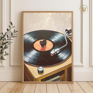Funny Black Cat on Vinyl Record Wall Art, Retro Turntable Print, Oil Painting Style, Living Room Wall Art, Whimsical Print, Unframed