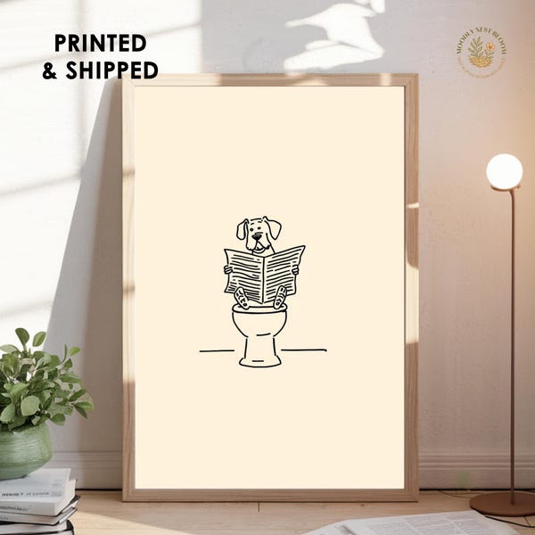 Minimalistisk hundbadrumsväggkonst, rolig linjeteckningstryck, Picasso-inspirerad toaletthumordekor