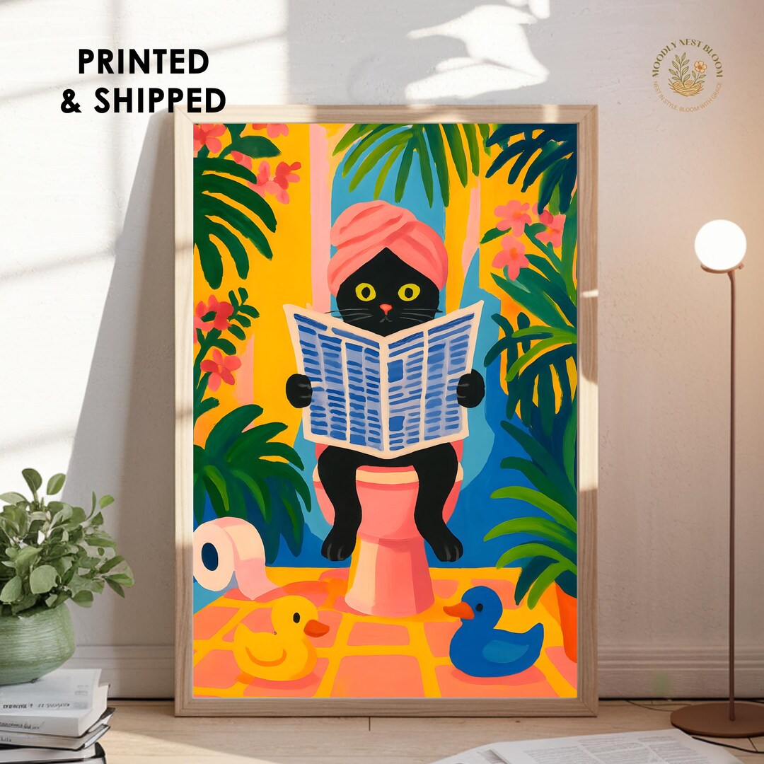 Black Cat Bathroom Wall Art Colorful Tropical Funny Print - Etsy