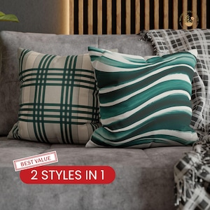 Emerald Green Pillow Cover, 2 Styles in 1, Modern Stripe&Plaid Cushion, Reversible Throw Pillow for Sofa or Bedroom, Bold Home Decor Accent
