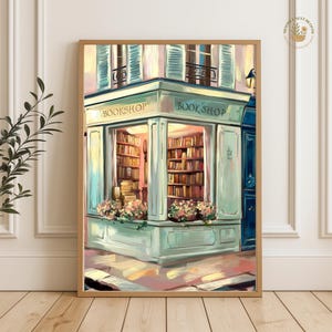 Corner Bookshop Wall Art, Pastel Paris Bookstore Painting, French Vintage Bookstore Poster, Romantic Reading Nook, Bookish Decor, Unframed