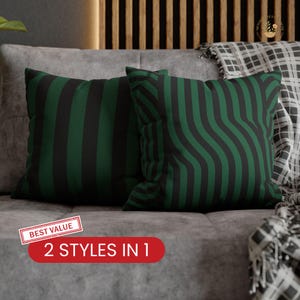 Dark Green Stripe Pillow Cover, 2 Styles in 1, Abstract Cushion with Modern Lines, Black and Emerald Home Decor Accent for Couch or Bed