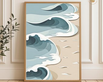Abstrakcyjny nadruk z falami oceanicznymi: nowoczesna sztuka ścienna w stylu nadmorskim