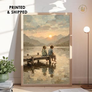 Bruder und Schwester Haus am See Wand Kunst Druck, Sonnenuntergang Dock Poster