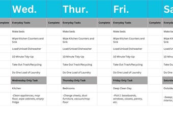 May include: A weekly cleaning schedule displayed on a white background with a light blue header. The schedule is organized by day, from Monday to Sunday, and lists everyday tasks and specific tasks for each day. The text is in black.