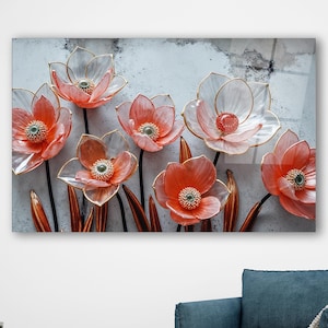 Bloemen kunst aan de muur van gehard glas – modern bloemkunstwerk, botanische glasprint, kleurrijk bloemendecor, op de natuur geïnspireerd wandpaneel