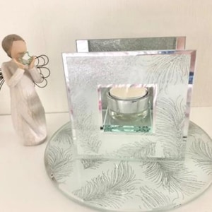 Silver Feather Circular Mirror Plate / Candle Plate / Angel Feathers