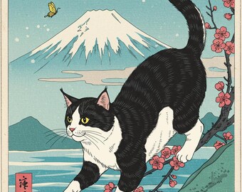 鏡の前でぼんやりしている黒猫 - 浮世絵風ミームアート - 高品質