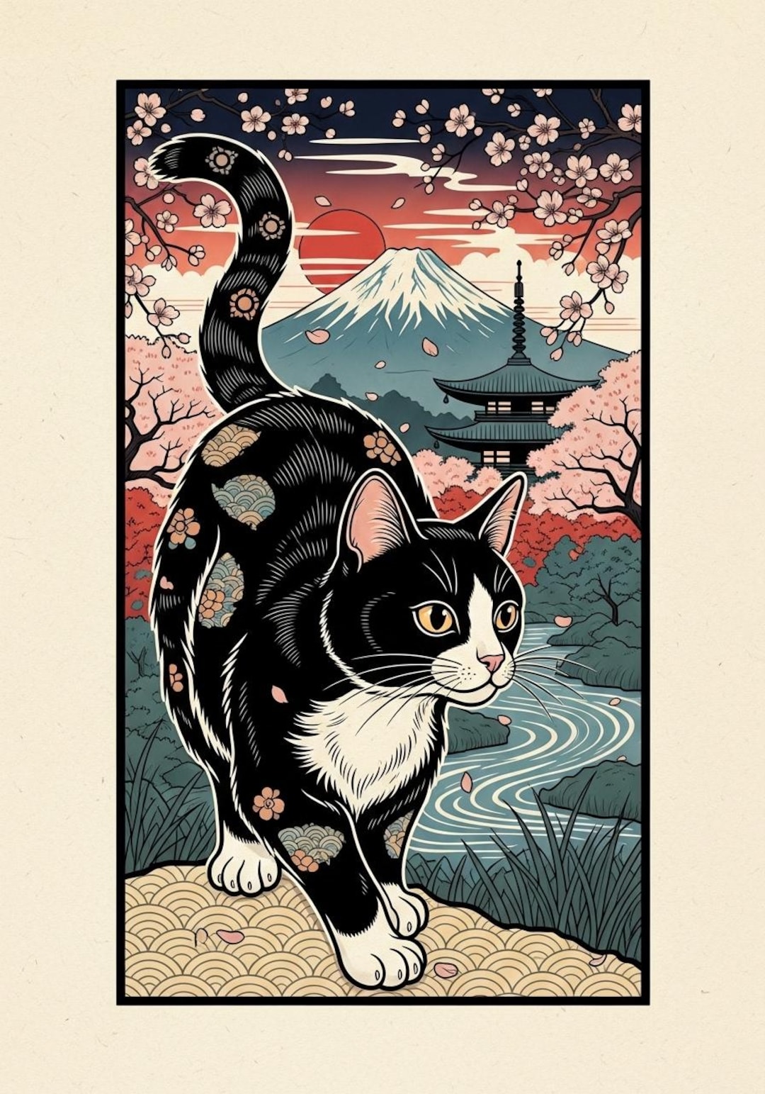 Japanese Cat Art Print Ukiyo e Cat Cherry Blossoms Woodblock digital japanese-cat-art-print-ukiyo-e-cat-cherry-blossoms-woodblock-digital