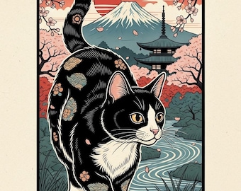 鏡の前でぼんやりしている黒猫 - 浮世絵風ミームアート - 高品質