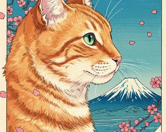 Lámina artística de gato japonés: Ukiyo-e Ginger Tabby, flores de cerezo, Monte Fuji (descarga digital)