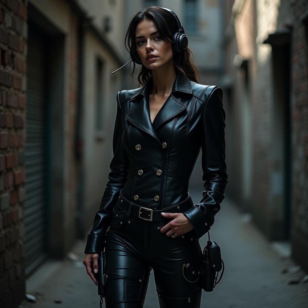 Women's Black Leather Biker Jacket | Stylish Double-Breasted Cosplay Coat | Futuristic LARP Costume | Gothic Fashion with Belted Pants