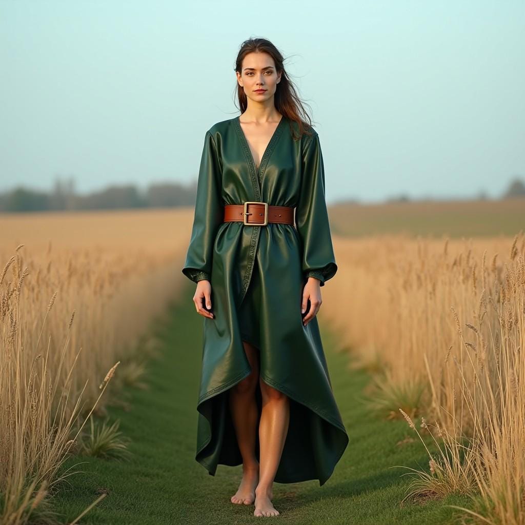 Green Genuine Leather Maxi Dress with Belt | Bohemian Vintage Style Outfit | Elegant Womenโs Renaissance Cosplay | Steampunk Inspired Attire