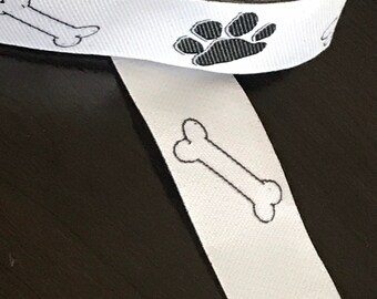 1" Black White Dog Paw Bone Print Fabric Trim