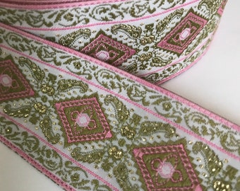 1 1/4" White Pink Gold Moss Fabric Trim by the Yard