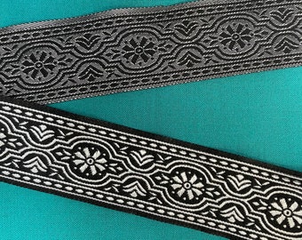 1 1/4" Black & Silver Floral Fabric Sewing Trim by the Yard