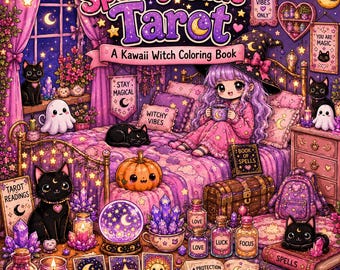 Gruselig-süßes Tarot-Malbuch | Kawaii-Hexe, Katzen, Kristalle (Digitaler Download)