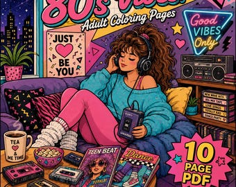 Malbuch im 80er-Jahre-Stil, 10 Seiten Retro-Lebensmotive für Erwachsene | PDF
