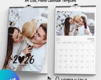 2026 Photo Wall Planner – Editable A4 Canva Template, Printable Monthly Organizer