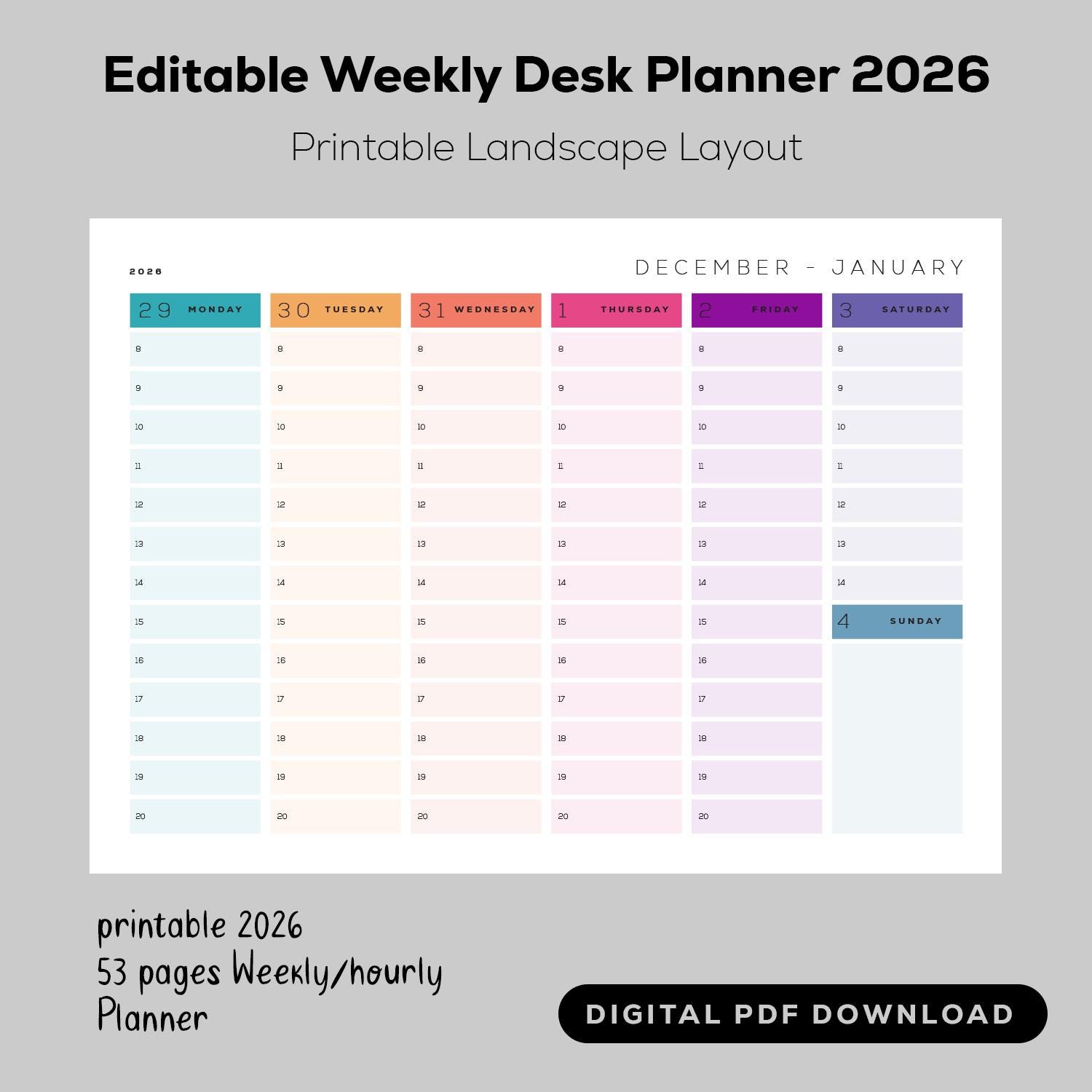 Printable 2026 Weekly Planner | A4 Landscape PDF | Desk Organizer ...