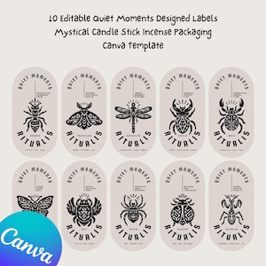 Puede incluir: Diez etiquetas editables para envases de incienso, con ilustraciones de insectos y las palabras "Quiet Moments" y "Ritualis". Las etiquetas son de estilo minimalista, con un logotipo de plantilla de Canva.