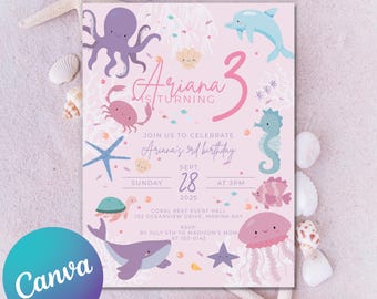 Zestaw zaproszeń urodzinowych Under the Sea – Canva, PDF i AI | Edytowalny pakiet do wydrukowania na imprezę oceaniczną