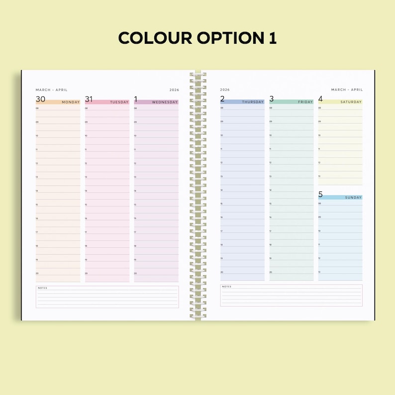 May include: Open planner with a spiral binding, featuring a colorful layout for March and April 2026. The left page displays daily schedules from March 30 to April 1, while the right page shows schedules from April 2 to April 5. The text "COLOUR OPTION 1" is at the top.