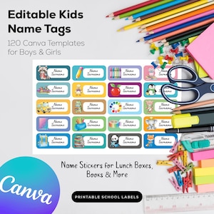 Könnte beinhalten: Bunte Namensaufkleber für Kinder mit verschiedenen Illustrationen, darunter ein Waschbär und ein Bleistift. Der Text lautet "Editable Kids Name Tags" und "Name Stickers for Lunch Boxes, Books & More."