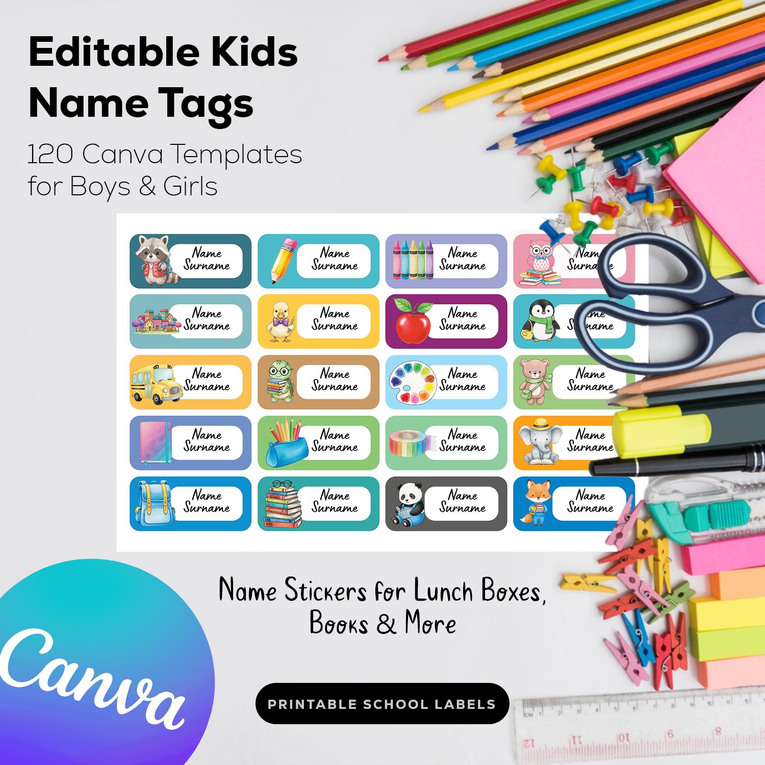 Editable Kids Name Tag Stickers | School Labels Canva Templates ...