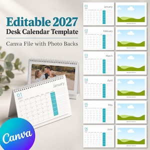 Può includere: Un modello di calendario da scrivania 2027 modificabile come file Canva con retro per foto. L'immagine mostra un calendario a spirale con una foto di famiglia, accanto a una griglia di pagine mensili da gennaio a giugno.