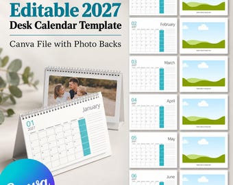Può includere: Un modello di calendario da scrivania 2027 modificabile come file Canva con retro per foto. L'immagine mostra un calendario a spirale con una foto di famiglia, accanto a una griglia di pagine mensili da gennaio a giugno.