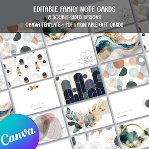 Può includere: Una collezione di biglietti di auguri familiari modificabili con otto design fronte-retro. I biglietti presentano vari disegni astratti ad acquerello e a linea in tonalità di blu, marrone e oro. Il modello Canva include biglietti regalo stampabili in PDF. Il logo Canva è visibile.