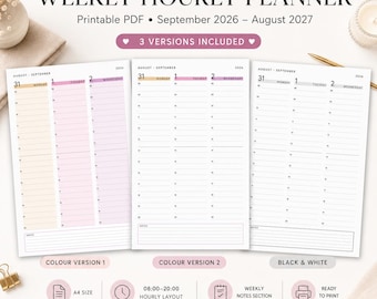 Weekly Hourly Planner 2026–2027 Printable PDF | A4 Weekly Schedule | September 2026 to August 2027 | 3 Planner Versions