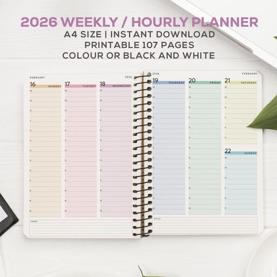 2026 Weekly Hourly Planner – Printable PDF | A4 Vertical Layout