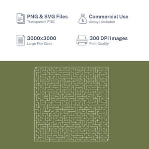 Puede incluir: Imagen de producto digital con un dise&ntilde;o de laberinto complejo en color beige claro, sobre un fondo verde apagado. La imagen incluye texto que indica formatos de archivo PNG y SVG, uso comercial, tama&ntilde;os de archivo grandes y calidad de impresi&oacute;n de 300 DPI.