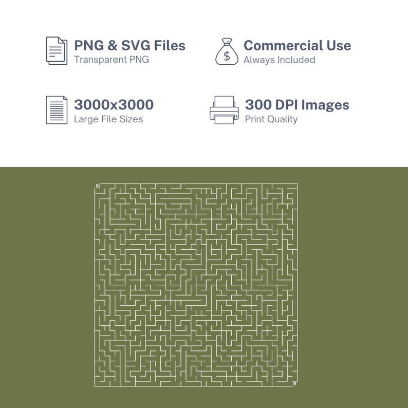 Puede incluir: Imagen de producto digital con un dise&ntilde;o de laberinto complejo en color beige claro, sobre un fondo verde apagado. La imagen incluye texto que indica formatos de archivo PNG y SVG, uso comercial, tama&ntilde;os de archivo grandes y calidad de impresi&oacute;n de 300 DPI.