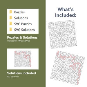 Puede incluir: Imagen con rompecabezas y soluciones. El texto incluye "Puzzles", "Solutions", "SVG Puzzles" y "SVG Solutions". La frase "Puzzles & Solutions" est&aacute; presente, junto con "Transparent PNGs & SVGs". La imagen tambi&eacute;n muestra "Solutions Included" y "100 Solutions".