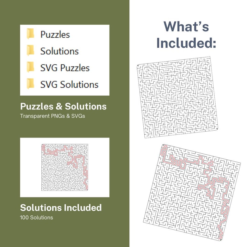 Puede incluir: Imagen con rompecabezas y soluciones. El texto incluye "Puzzles", "Solutions", "SVG Puzzles" y "SVG Solutions". La frase "Puzzles & Solutions" est&aacute; presente, junto con "Transparent PNGs & SVGs". La imagen tambi&eacute;n muestra "Solutions Included" y "100 Solutions".