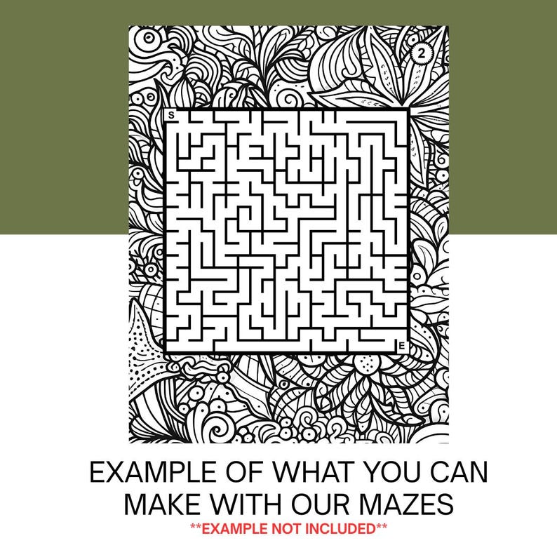 Puede incluir: Rompecabezas de laberinto en blanco y negro con un borde floral. El laberinto es rectangular con un inicio "S" y un final "E". El texto en la parte inferior dice "EXAMPLE OF WHAT YOU CAN MAKE WITH OUR MAZES".