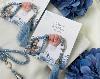 Personalized Baby Boy Prayer Beads Favor | Blue Tasbih with Name & Date | Baby Shower Welcome Gift | Islamic Baby Keepsake