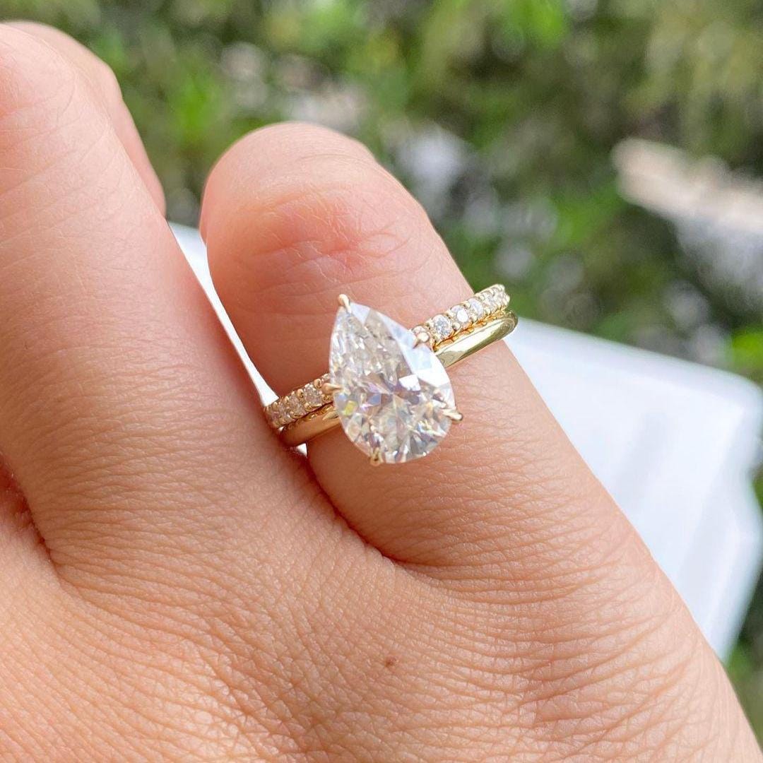 Pear Cut Lab Grown Diamond Wedding Ring Set Classic Handmade Solid Gold ...