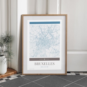 Affiche de carte de la ville de Bruxelles - Art de voyage minimaliste, téléchargement numérique, affiche de vacances, cadeau pour elle et lui, art mural carte, design moderne