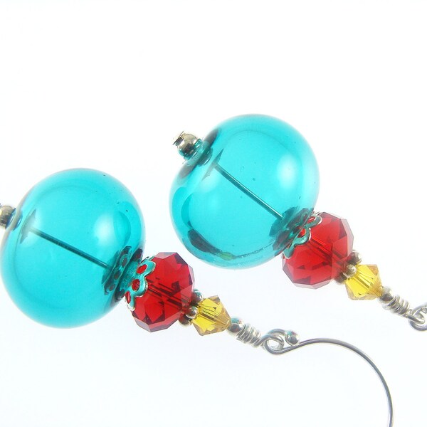 Handmade Lampwork Earrings, Glass Bead Earrings, Teal Green Earrings, Dangle Drop Beadwork Earrings, Lampwork Jewelry, Glass Bead Jewelry