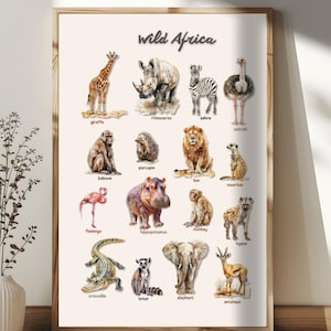 Wild Africa Safari Animal Posters with Labels | Educational Printable Wall Art | Jungle Animals Nursery Decor | Kids Room Digital Download